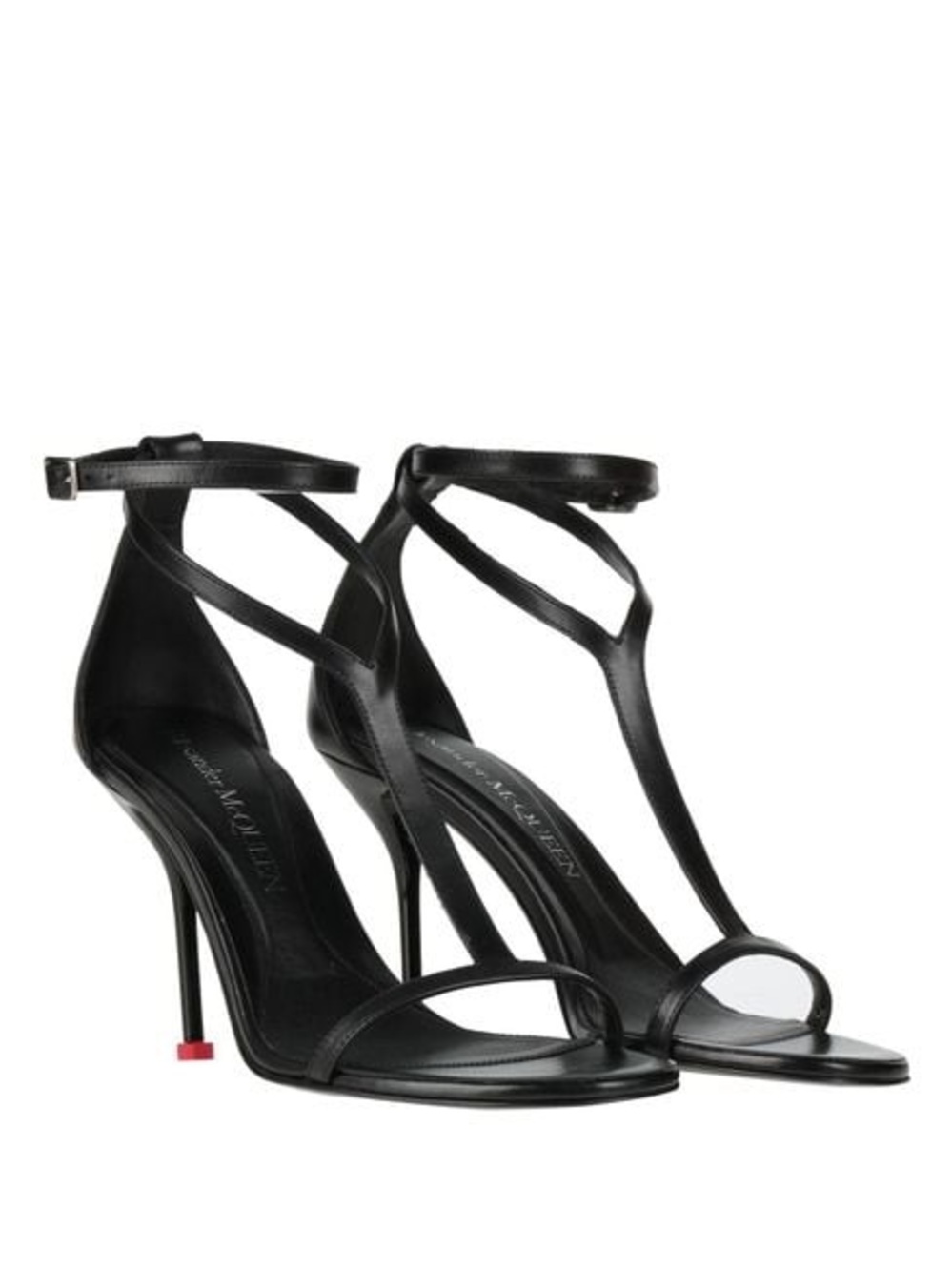 Alexander McQueen Black Leather T-Strap Stiletto Sandals